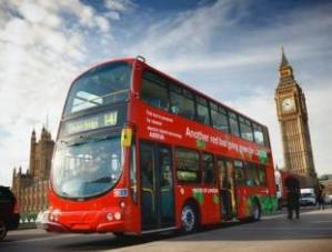 London hybrid bus near the Houses of Parliament